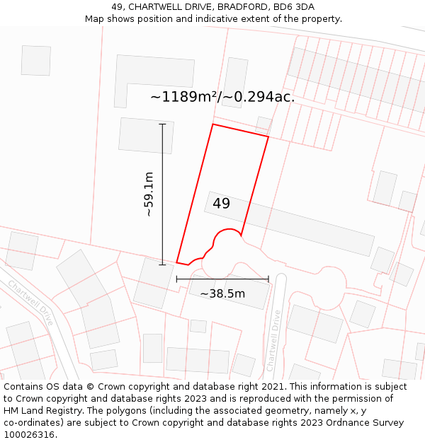 49, CHARTWELL DRIVE, BRADFORD, BD6 3DA: Plot and title map