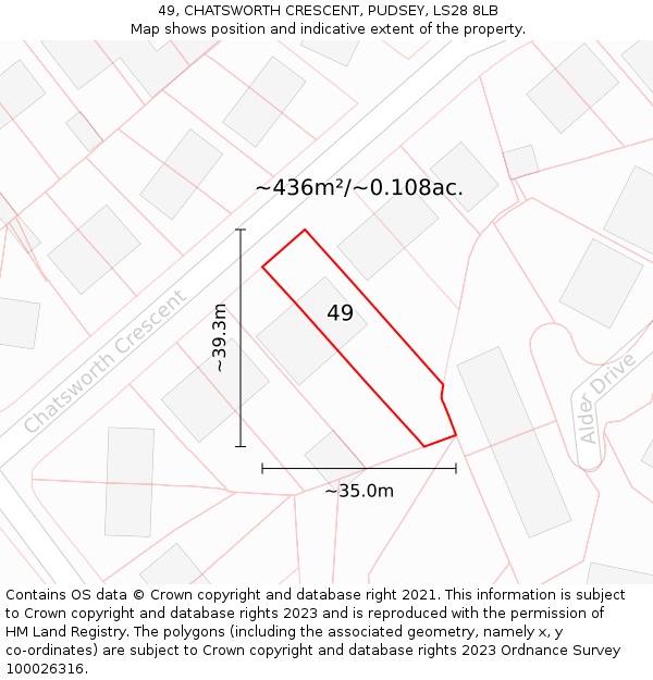 49, CHATSWORTH CRESCENT, PUDSEY, LS28 8LB: Plot and title map