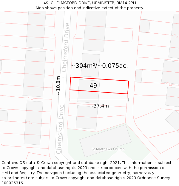 49, CHELMSFORD DRIVE, UPMINSTER, RM14 2PH: Plot and title map