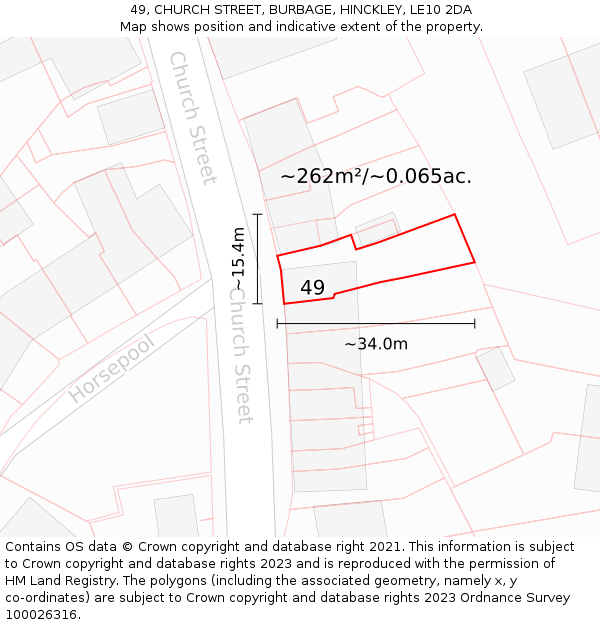 49, CHURCH STREET, BURBAGE, HINCKLEY, LE10 2DA: Plot and title map