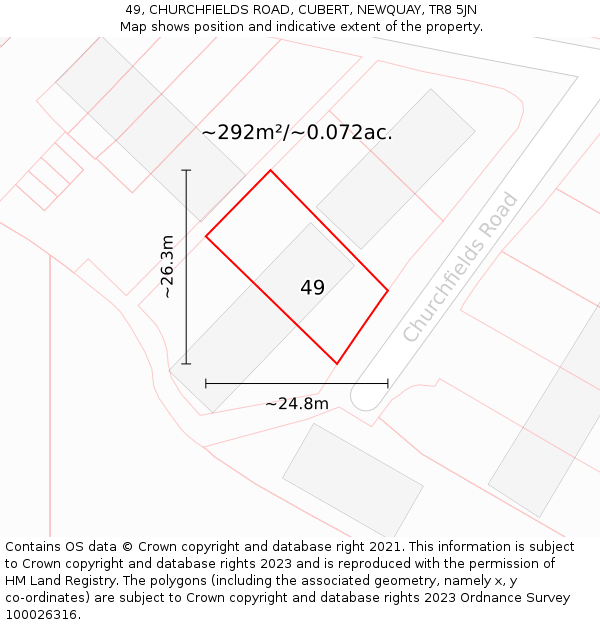 49, CHURCHFIELDS ROAD, CUBERT, NEWQUAY, TR8 5JN: Plot and title map