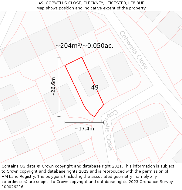 49, COBWELLS CLOSE, FLECKNEY, LEICESTER, LE8 8UF: Plot and title map