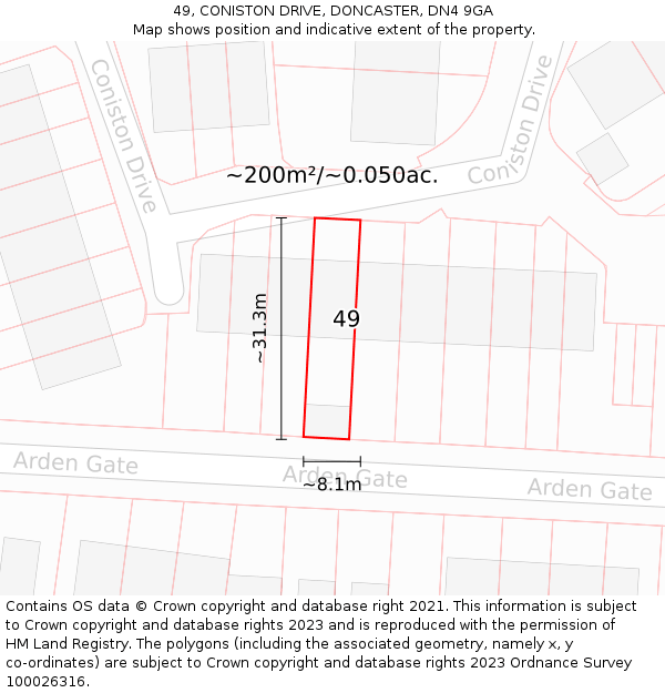 49, CONISTON DRIVE, DONCASTER, DN4 9GA: Plot and title map