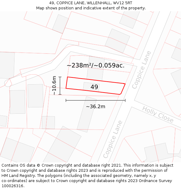 49, COPPICE LANE, WILLENHALL, WV12 5RT: Plot and title map