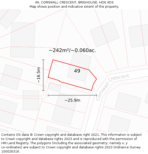 49, CORNWALL CRESCENT, BRIGHOUSE, HD6 4DS: Plot and title map