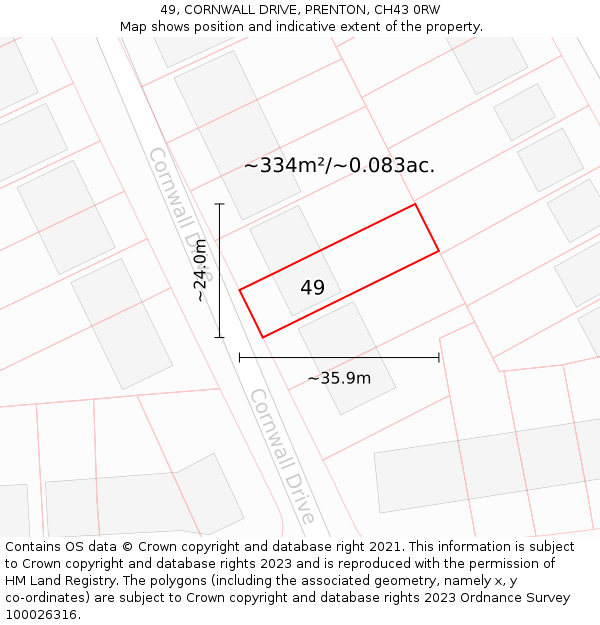 49, CORNWALL DRIVE, PRENTON, CH43 0RW: Plot and title map