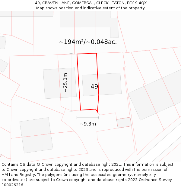 49, CRAVEN LANE, GOMERSAL, CLECKHEATON, BD19 4QX: Plot and title map
