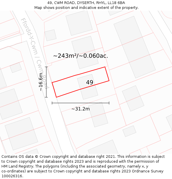 49, CWM ROAD, DYSERTH, RHYL, LL18 6BA: Plot and title map