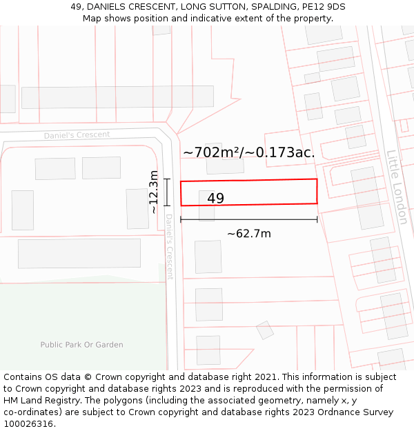 49, DANIELS CRESCENT, LONG SUTTON, SPALDING, PE12 9DS: Plot and title map