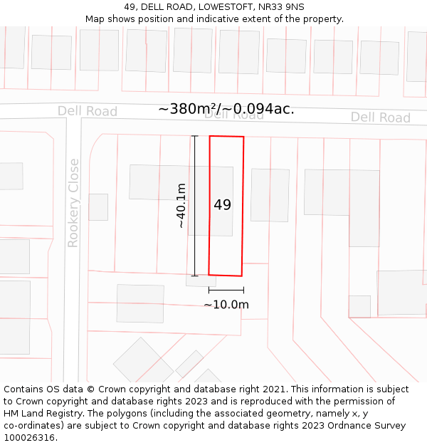 49, DELL ROAD, LOWESTOFT, NR33 9NS: Plot and title map