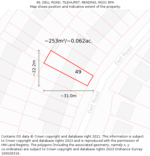 49, DELL ROAD, TILEHURST, READING, RG31 6PA: Plot and title map