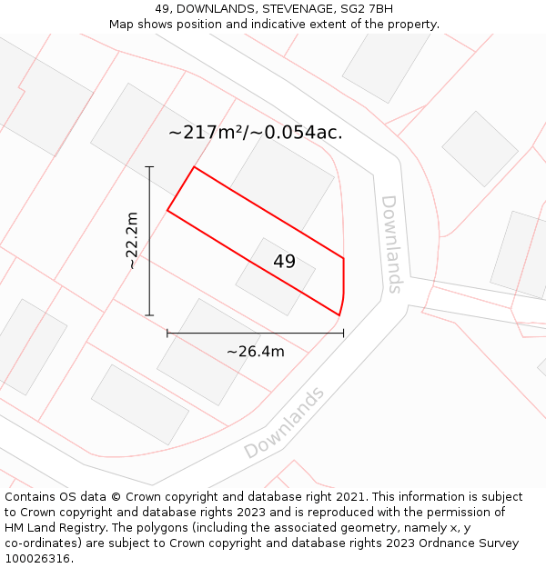 49, DOWNLANDS, STEVENAGE, SG2 7BH: Plot and title map