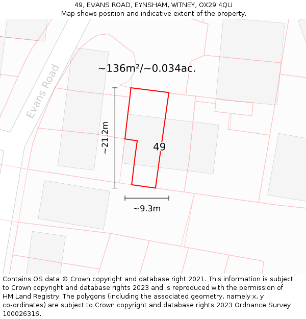 49, EVANS ROAD, EYNSHAM, WITNEY, OX29 4QU: Plot and title map