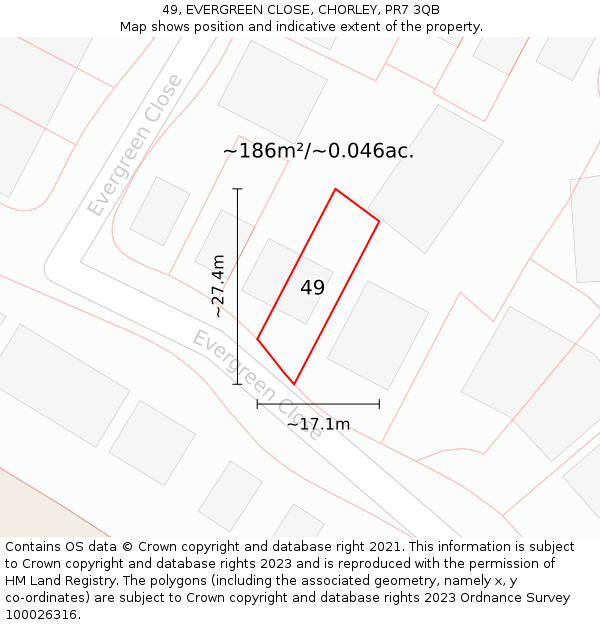 49, EVERGREEN CLOSE, CHORLEY, PR7 3QB: Plot and title map