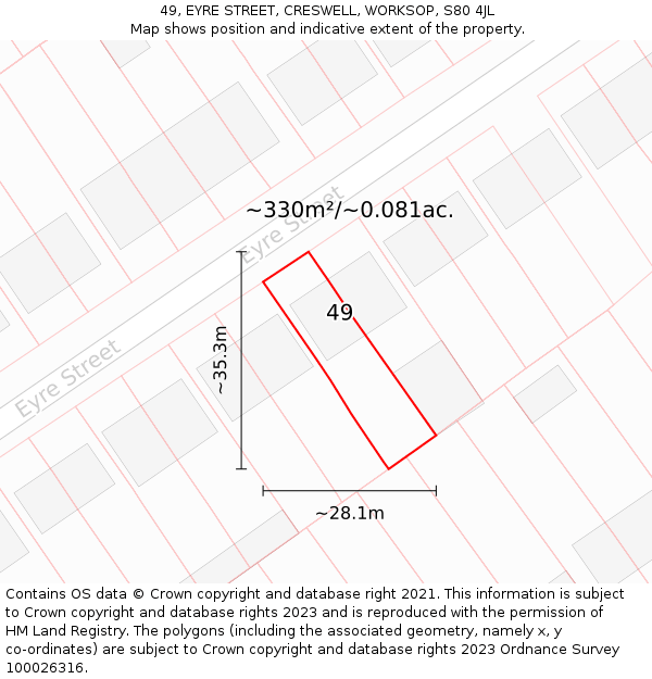 49, EYRE STREET, CRESWELL, WORKSOP, S80 4JL: Plot and title map
