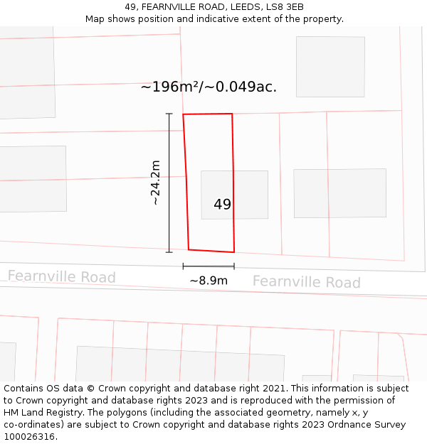 49, FEARNVILLE ROAD, LEEDS, LS8 3EB: Plot and title map