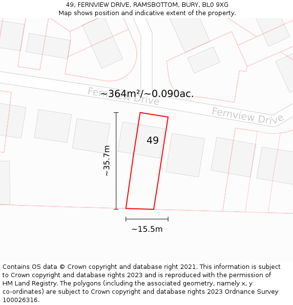 49, FERNVIEW DRIVE, RAMSBOTTOM, BURY, BL0 9XG: Plot and title map