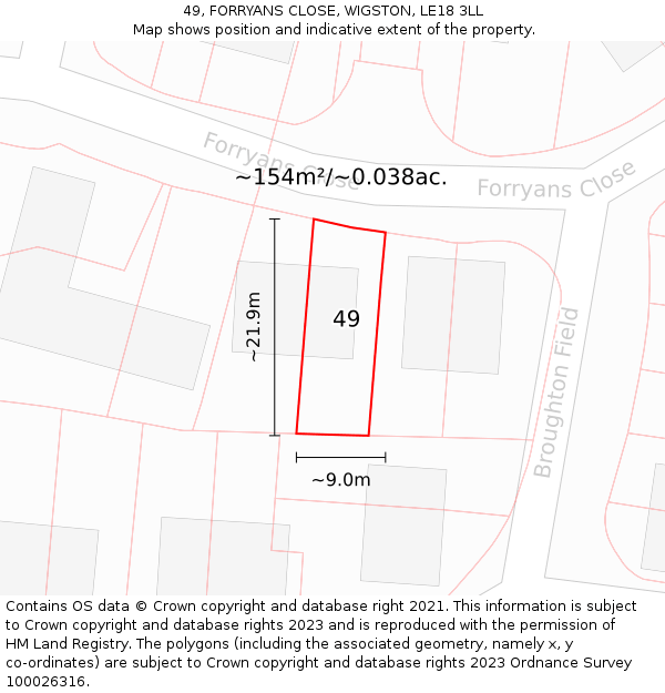 49, FORRYANS CLOSE, WIGSTON, LE18 3LL: Plot and title map