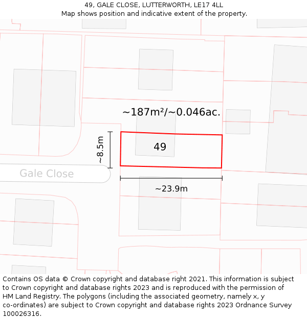 49, GALE CLOSE, LUTTERWORTH, LE17 4LL: Plot and title map