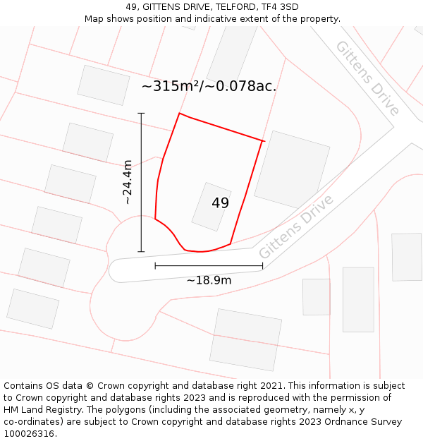 49, GITTENS DRIVE, TELFORD, TF4 3SD: Plot and title map