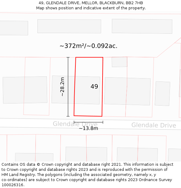 49, GLENDALE DRIVE, MELLOR, BLACKBURN, BB2 7HB: Plot and title map