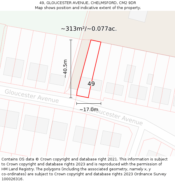 49, GLOUCESTER AVENUE, CHELMSFORD, CM2 9DR: Plot and title map