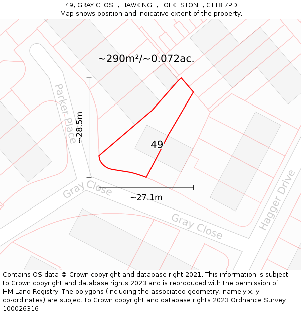 49, GRAY CLOSE, HAWKINGE, FOLKESTONE, CT18 7PD: Plot and title map