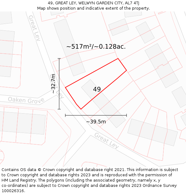 49, GREAT LEY, WELWYN GARDEN CITY, AL7 4TJ: Plot and title map