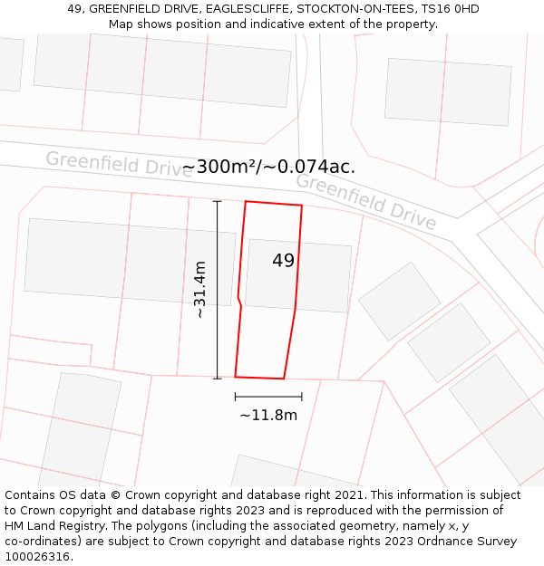49, GREENFIELD DRIVE, EAGLESCLIFFE, STOCKTON-ON-TEES, TS16 0HD: Plot and title map