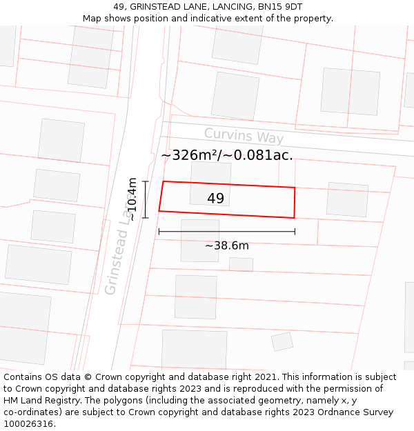 49, GRINSTEAD LANE, LANCING, BN15 9DT: Plot and title map