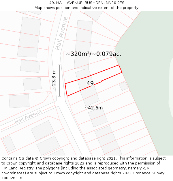 49, HALL AVENUE, RUSHDEN, NN10 9ES: Plot and title map