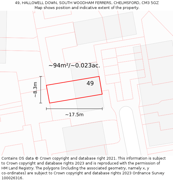 49, HALLOWELL DOWN, SOUTH WOODHAM FERRERS, CHELMSFORD, CM3 5GZ: Plot and title map