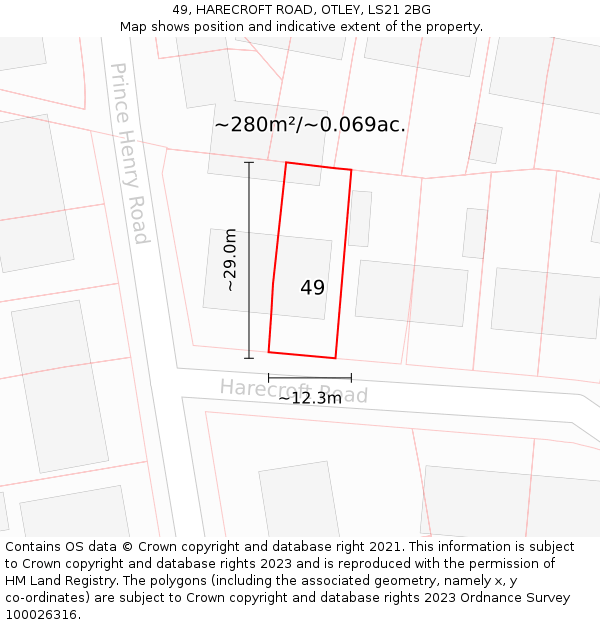 49, HARECROFT ROAD, OTLEY, LS21 2BG: Plot and title map
