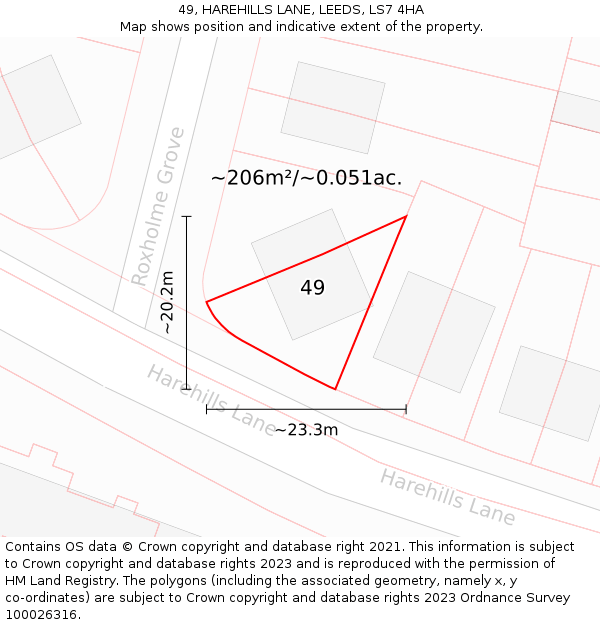 49, HAREHILLS LANE, LEEDS, LS7 4HA: Plot and title map