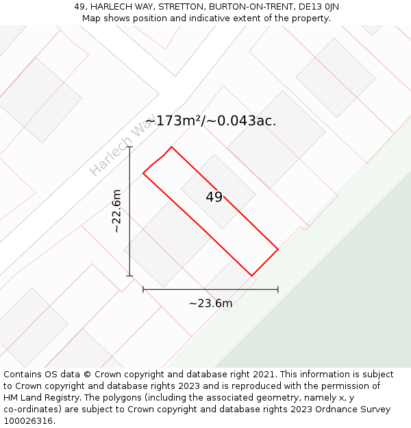 49, HARLECH WAY, STRETTON, BURTON-ON-TRENT, DE13 0JN: Plot and title map