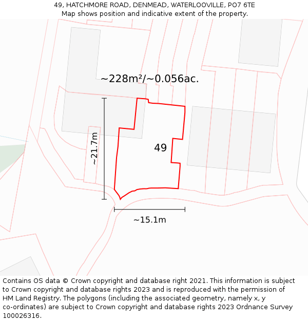 49, HATCHMORE ROAD, DENMEAD, WATERLOOVILLE, PO7 6TE: Plot and title map