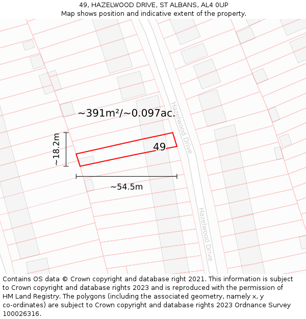 49, HAZELWOOD DRIVE, ST ALBANS, AL4 0UP: Plot and title map