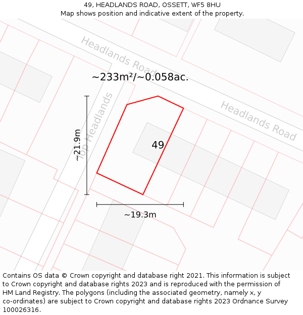 49, HEADLANDS ROAD, OSSETT, WF5 8HU: Plot and title map