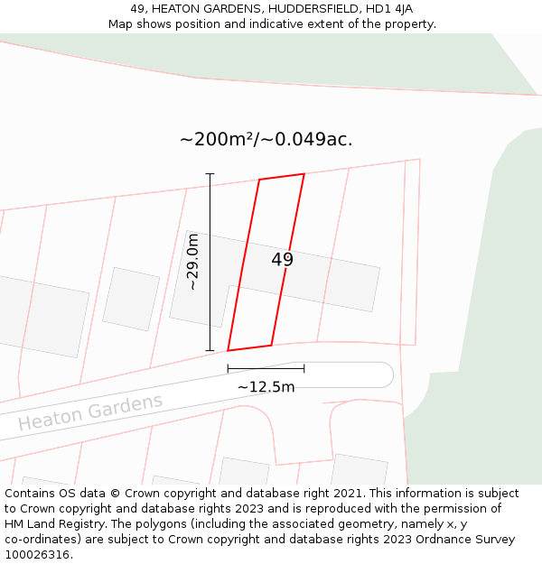 49, HEATON GARDENS, HUDDERSFIELD, HD1 4JA: Plot and title map