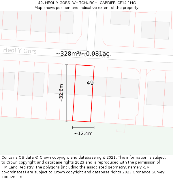 49, HEOL Y GORS, WHITCHURCH, CARDIFF, CF14 1HG: Plot and title map