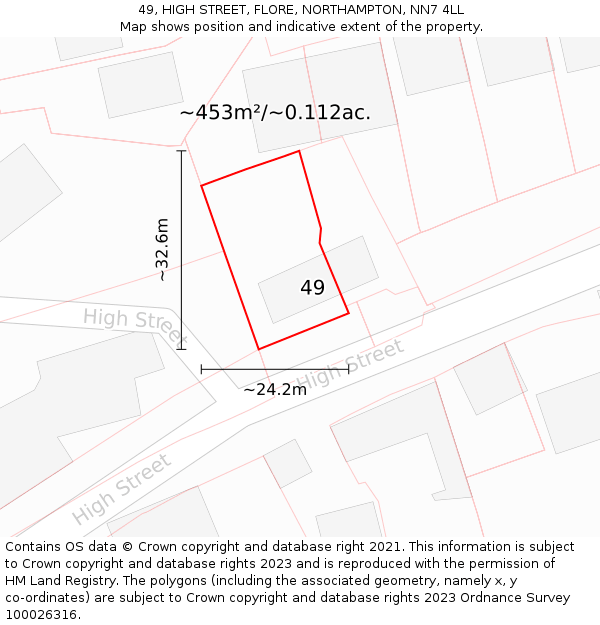 49, HIGH STREET, FLORE, NORTHAMPTON, NN7 4LL: Plot and title map