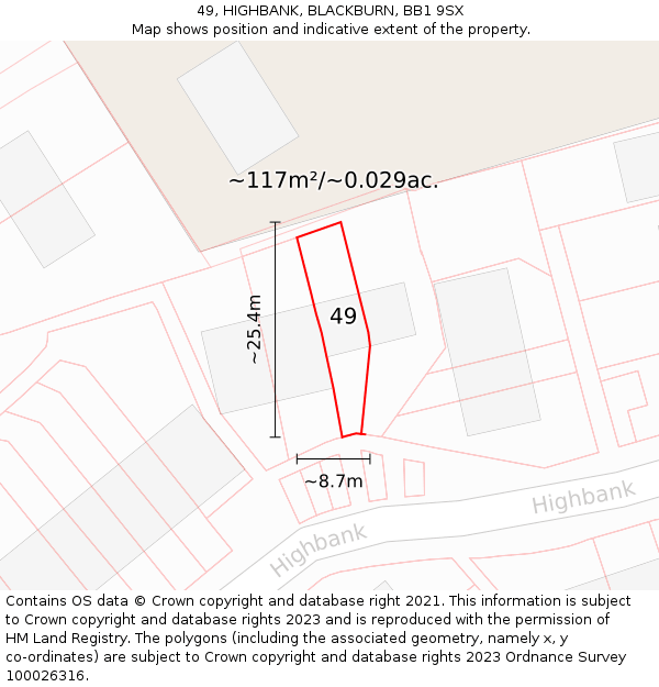 49, HIGHBANK, BLACKBURN, BB1 9SX: Plot and title map
