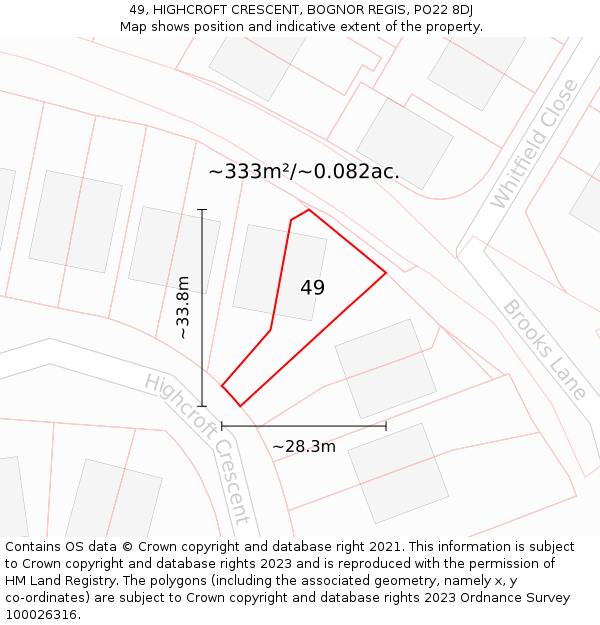 49, HIGHCROFT CRESCENT, BOGNOR REGIS, PO22 8DJ: Plot and title map