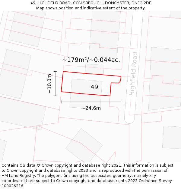 49, HIGHFIELD ROAD, CONISBROUGH, DONCASTER, DN12 2DE: Plot and title map