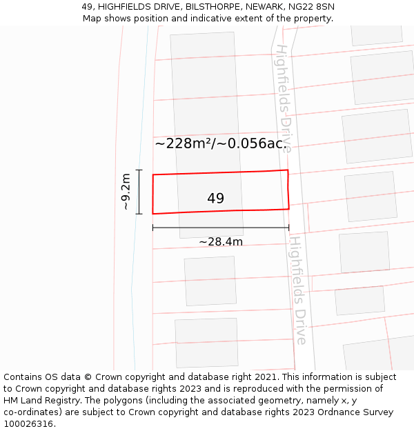49, HIGHFIELDS DRIVE, BILSTHORPE, NEWARK, NG22 8SN: Plot and title map
