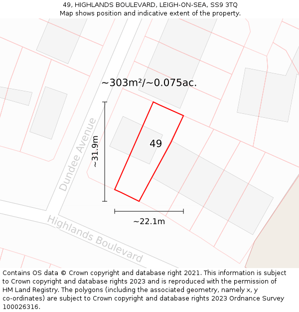 49, HIGHLANDS BOULEVARD, LEIGH-ON-SEA, SS9 3TQ: Plot and title map