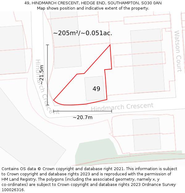 49, HINDMARCH CRESCENT, HEDGE END, SOUTHAMPTON, SO30 0AN: Plot and title map