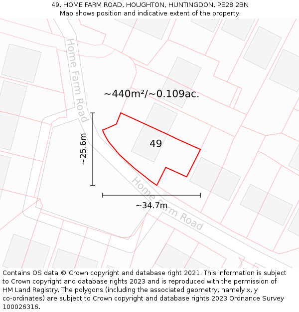 49, HOME FARM ROAD, HOUGHTON, HUNTINGDON, PE28 2BN: Plot and title map