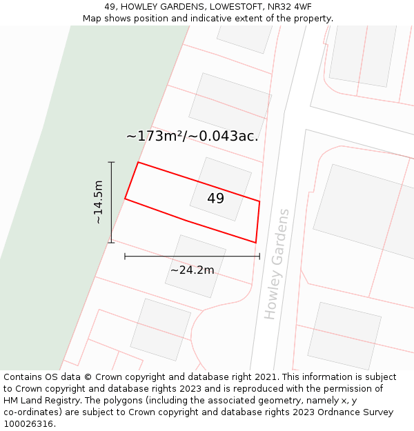 49, HOWLEY GARDENS, LOWESTOFT, NR32 4WF: Plot and title map