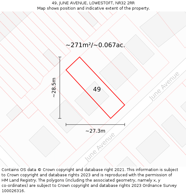 49, JUNE AVENUE, LOWESTOFT, NR32 2RR: Plot and title map